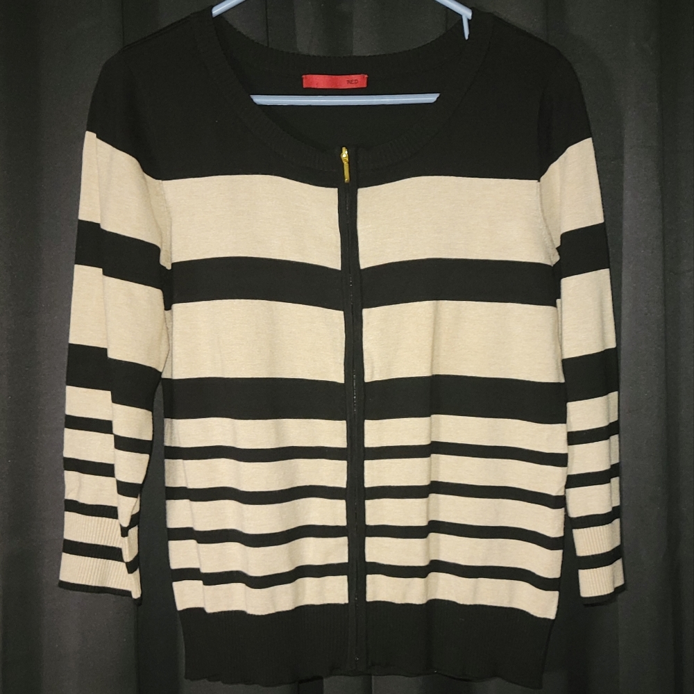 Red Full Zip Long Sleeve Crew Neck Striped Neutral Tan Black Polyester Small